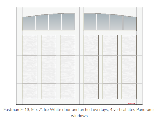 9x7 Eastman door in ice white with 4 vertical lites panoromic windows
