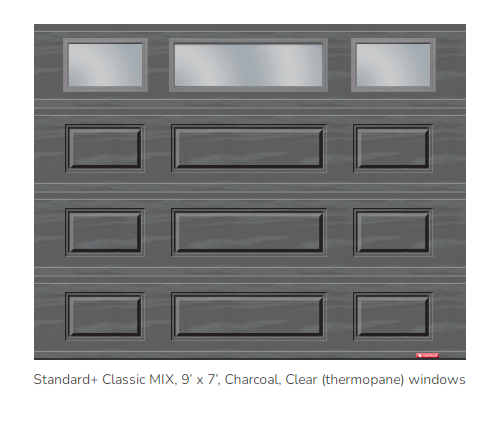 9x7 Standard Classic door in charcoal with three clear (thermopane) windows 